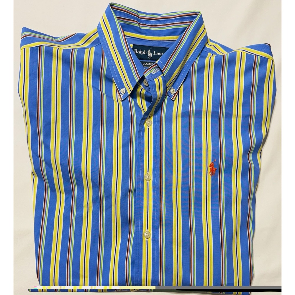 Ralph Lauren Shirt Mens Large Blue Yellow Striped Long Sleeve Classic Fit Logo